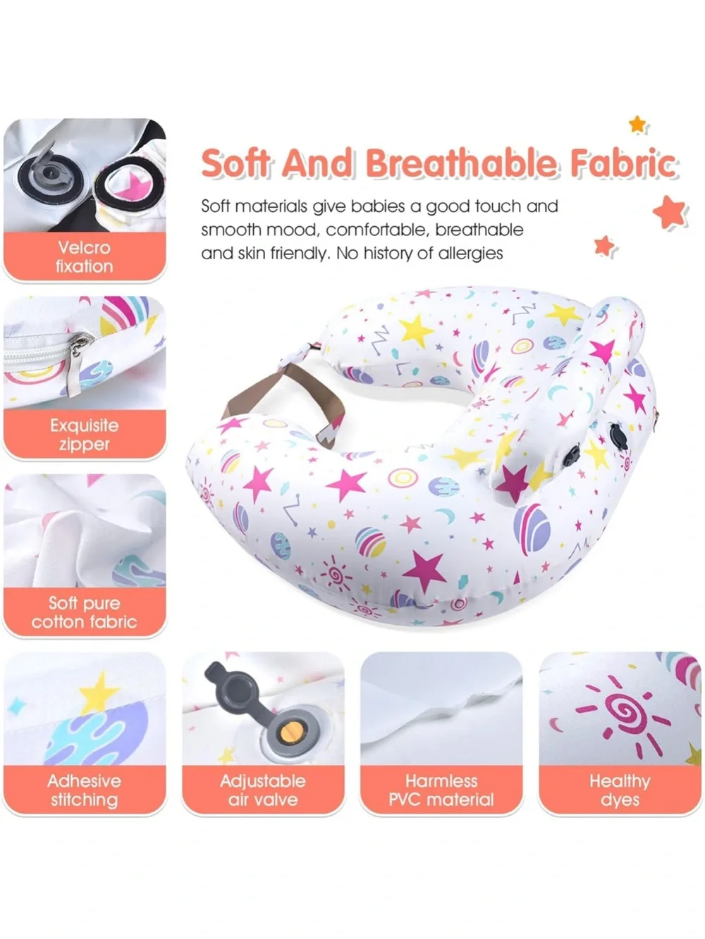 Portabuddy Inflatable Nursing Bib Pillow - White with Pink & Yellow Stars